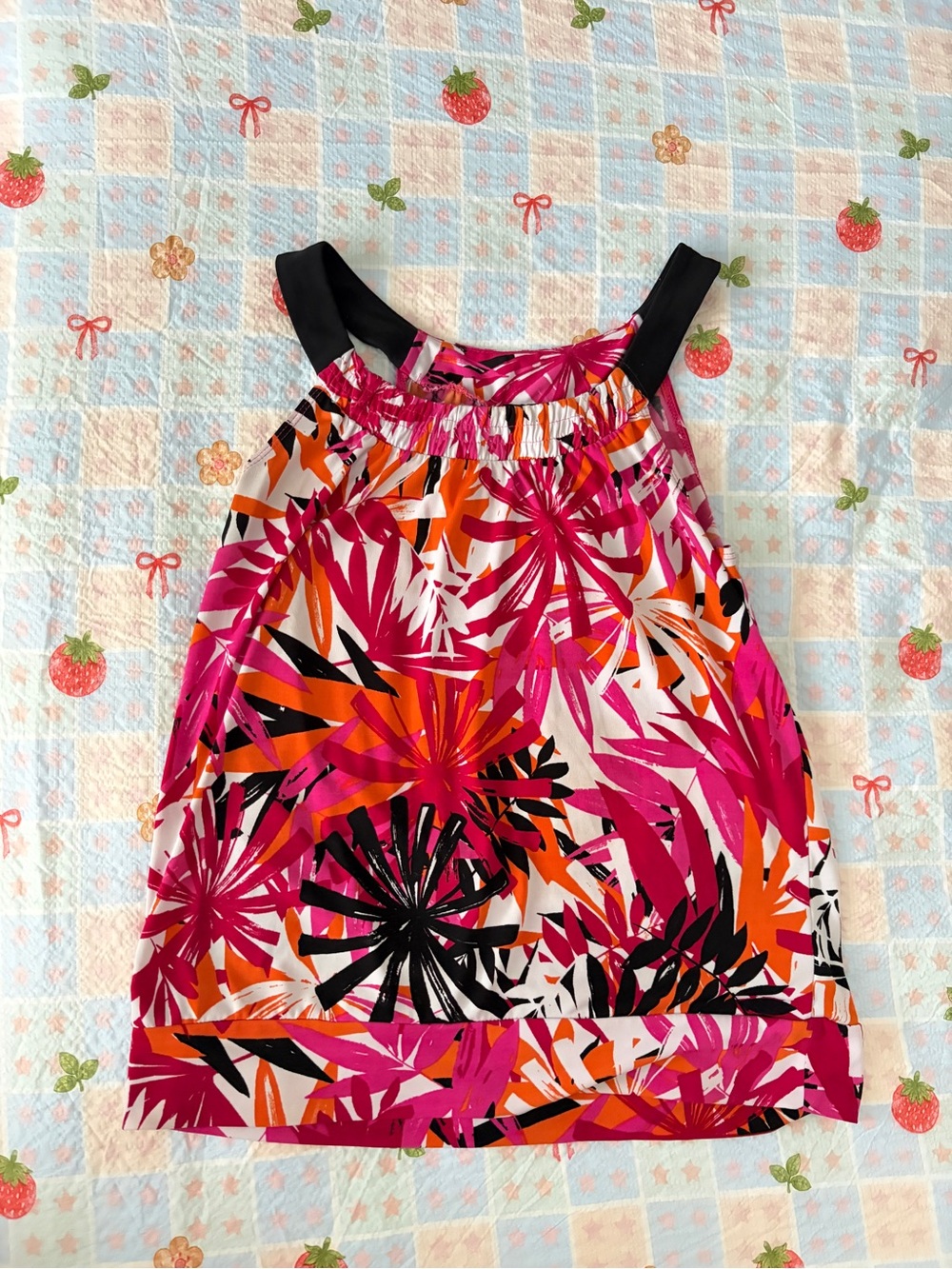AB Studio Pink Tropical Print Tank with Black Straps